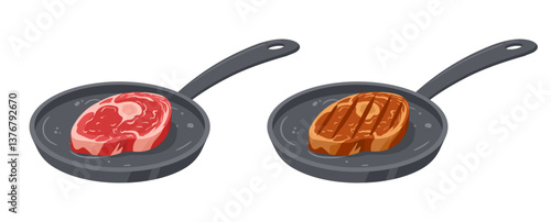 Pan-fried beef steak. Raw and roasted meat on frying pan, roasted meat semi-finished product flat vector illustration. Cartoon meat steak cooking on frying pan
