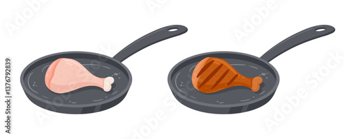 Pan-fried chicken leg. Raw and roasted chicken meat on frying pan, roasted meat semi-finished product flat vector illustration. Cartoon chicken leg cooking on frying pan
