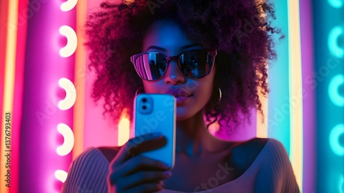 Neon Night: A fashionable woman, bathed in the vibrant glow of neon lights, engrossed in her phone