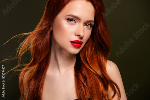 Wallpaper Mural Portrait of stunning adorable lady shiny ginger hair enjoying red pomade isolated khaki color background Torontodigital.ca