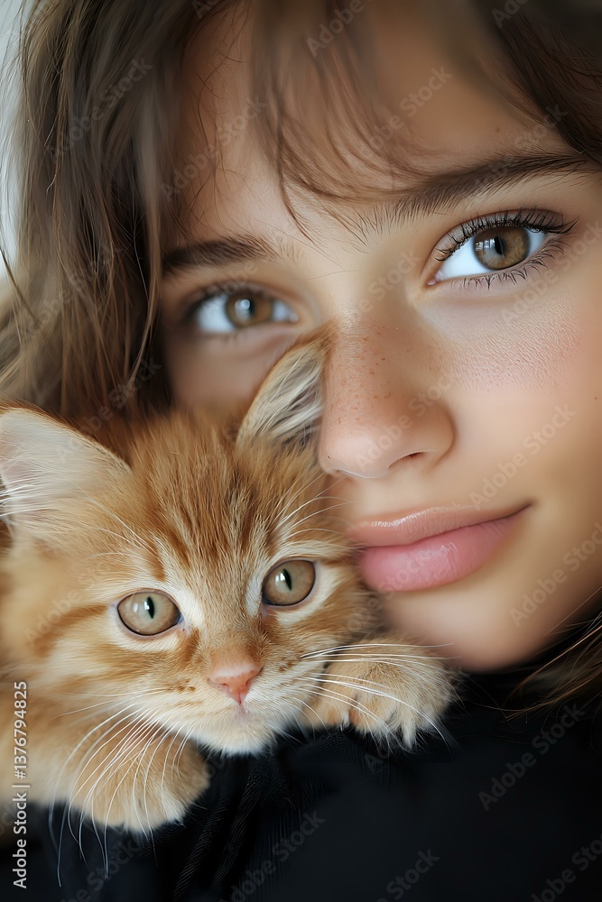 Close up portrait of young woman with brown eyes and freckles holding ginger cat. Tender moment between pet owner and feline friend showing emotional connection. Close up portrait of young woman with brown eyes and freckles holding ginger cat. Tender moment between pet owner and feline friend showing emotional connection.
