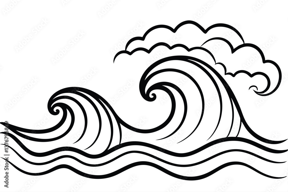 Fototapeta premium Abstract sea waves. Ocean silhouette aqua curlicues, ripples, curls, splashes. Turquoise and blue water marine icons for graphic design. Logo template. Vector set. Tsunami or stormy weather