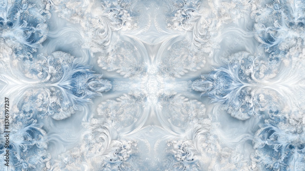 Naklejka premium A symmetrical pattern resembling ice crystals with ornate detailing, showcasing shades of blue and white, conveying elegance and winter's beauty.