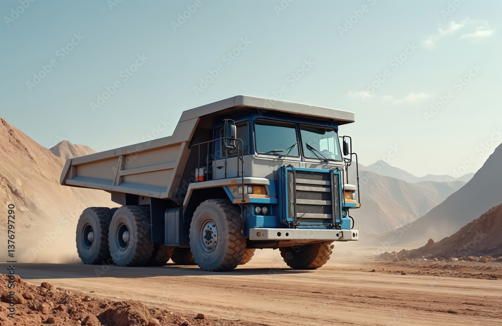 Obraz premium Large mining dump truck at construction site. Modern heavy equipment transports bulk cargo. Industrial machinery for resource extraction. Transportation of dirt, sand, gravel at quarry or mine.