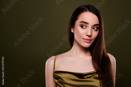 Photo of pretty girl lady wear green top dress look empty space isolated color background