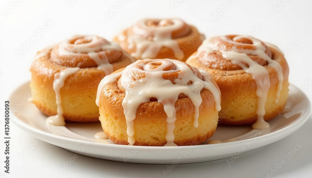 Four golden brown cinnamon rolls with a creamy glaze, arranged on a white plate against a bright white background. The rolls are slightly uneven and Four golden brown cinnamon rolls with a creamy glaze, arranged on a white plate against a bright white background. The rolls are slightly uneven and