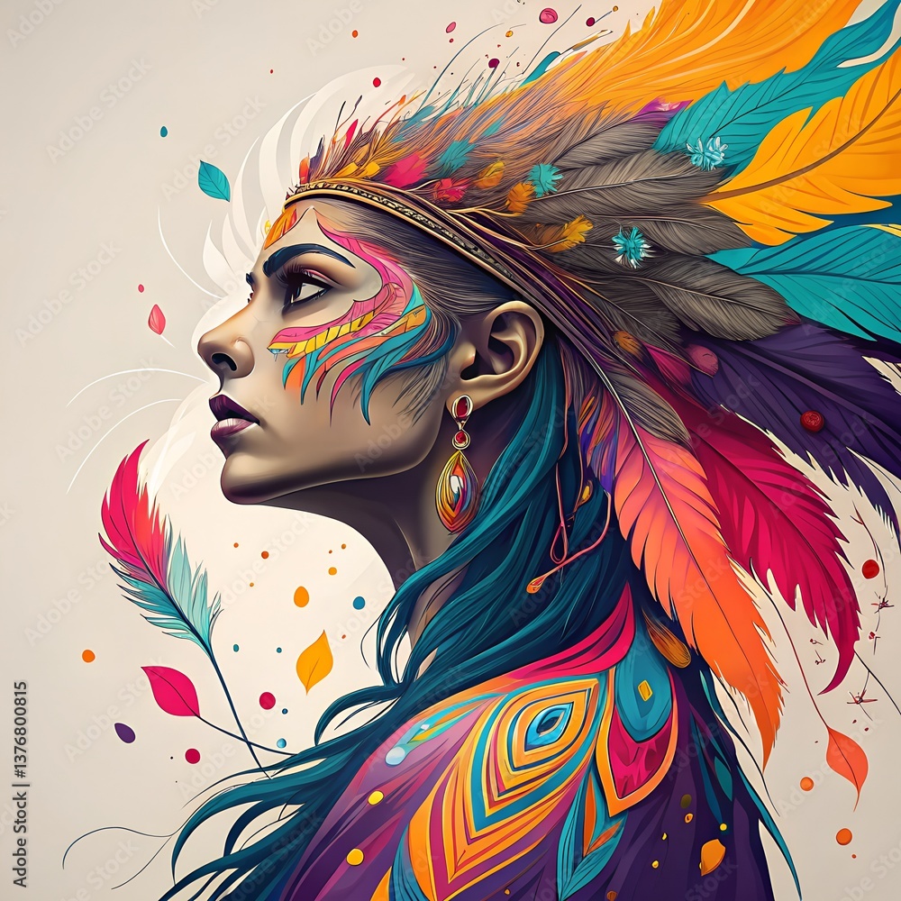 Naklejka premium Indian woman with colorful feathers on her head