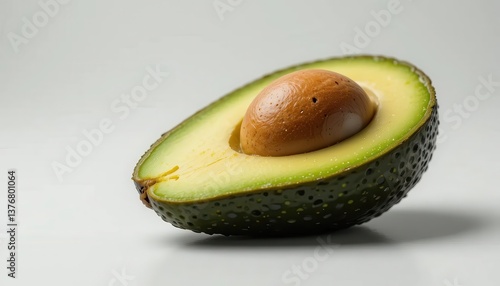 Close up of a halved avocado against a bright white background. The avocado is dark green with visible texture and small water droplets. Its large