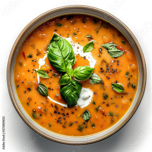 A bowl of creamy tomato soup garnished with fresh basil leaves and a drizzle of cream, captured in ultra-HD sharpness with balanced exposure on a pure white background. A comforting and flavorful dish