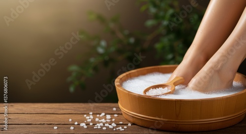 relaxed feet soaking in a wooden basin filled with bubbles and salt, conveying a soothing and spa-like ambiance, accompanied by scattered salt crystals on a rustic wooden surface