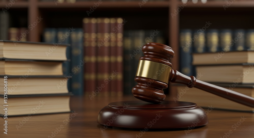 Wooden gavel on a circular base with a shiny gold band, symbolizing justice, placed in front of a stack of law books in a dimly lit library setting Wooden gavel on a circular base with a shiny gold band, symbolizing justice, placed in front of a stack of law books in a dimly lit library setting