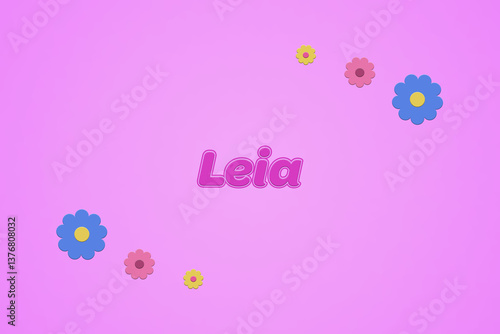 Quadro su tela Leia female girl name illustration in pink with blossoms, flowers