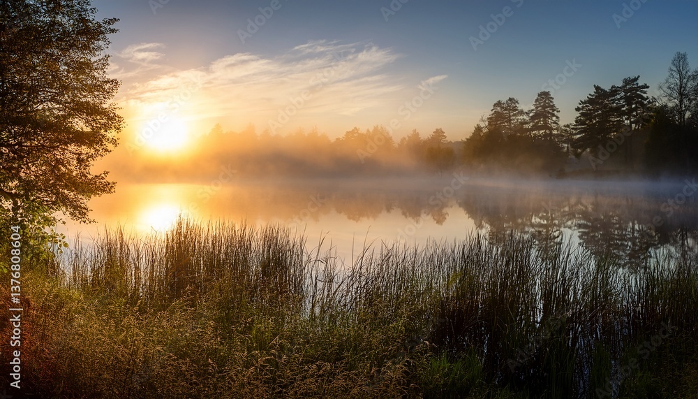 gentle sunrise fog blankets serene lake soft light filtering through mist creating tranquil reflections on water surface gentle sunrise fog blankets serene lake soft light filtering through mist creating tranquil reflections on water surface