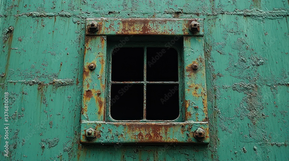 Naklejka premium Rusted green metal surface with small, barred window