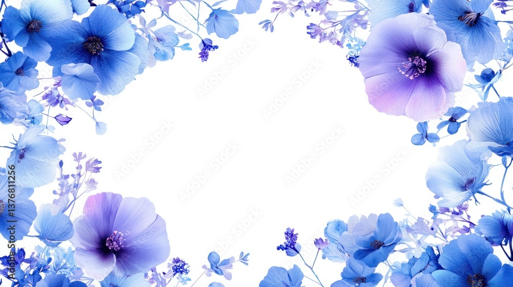 Fototapeta premium Serene Blue Floral Frame: A Delicate Arrangement of Pastel Blossoms