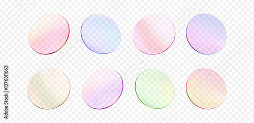 Glass round color lens transparent. 3d gradient holographic disk icon. Light circle badge element. Abstract disc, lens, button, badge, podium, frame flying gradation texture. Vector 3d illustration