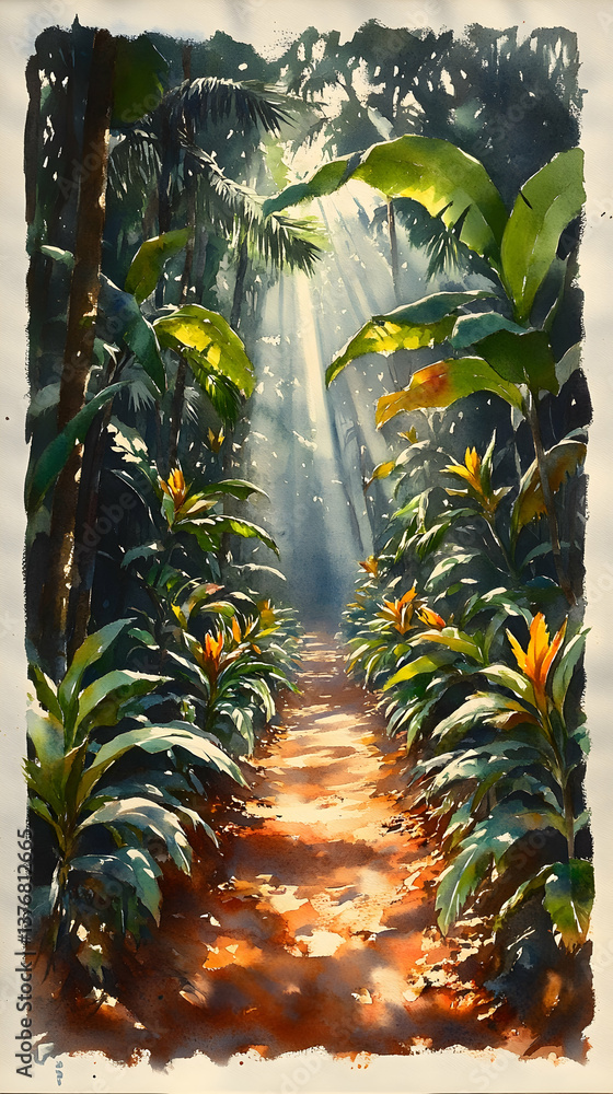 Fototapeta premium Watercolor path through dense jungle foliage sunlight filtering through trees highlighting flowers and path