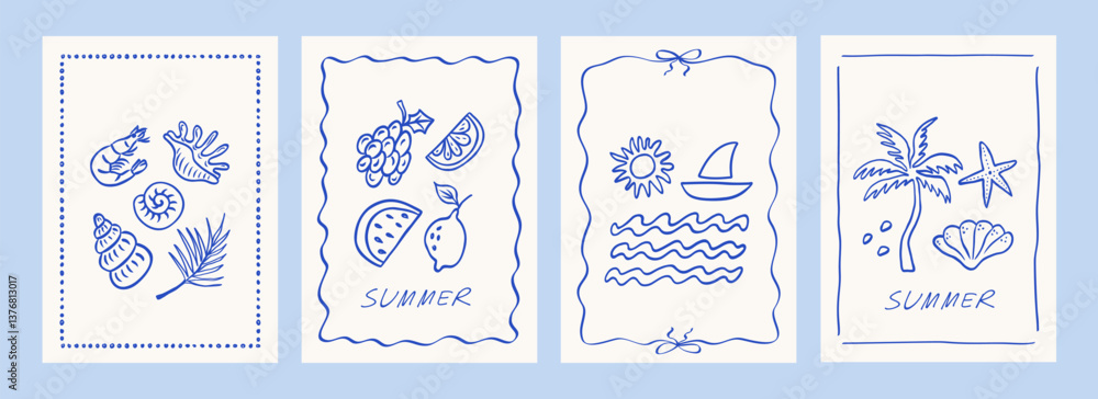 Hand drawn summer poster set. Dolce vita concept. Modern prints with palm tree, sun, fruits, seashells, vacation and beach icons. Minimalist line art. Vector illustration for invitations, prints.