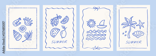 Hand drawn summer poster set. Dolce vita concept. Modern prints with palm tree, sun, fruits, seashells, vacation and beach icons. Minimalist line art. Vector illustration for invitations, prints.