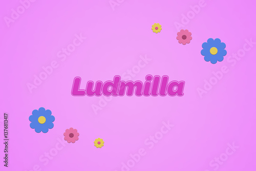 Foto Ludmilla female girl name illustration in pink with blossoms, flowers