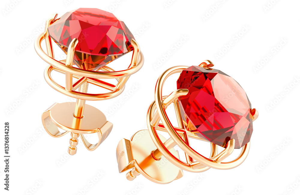 Golden stud earrings with red gems. Ruby, rhodolite or garnet. 3D rendering isolated on transparent background Golden stud earrings with red gems. Ruby, rhodolite or garnet. 3D rendering isolated on transparent background