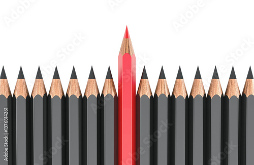 Leader concept from pencils. One red pencil with other black pencils. 3D rendering isolated on transparent background