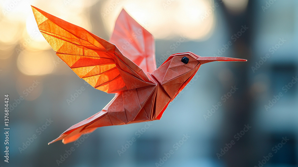 Fototapeta premium A cute, adorable origami hummingbird representing creativity and transformation, isolated on a clean background with ample copy space, perfect for a simple starter craft for kids.