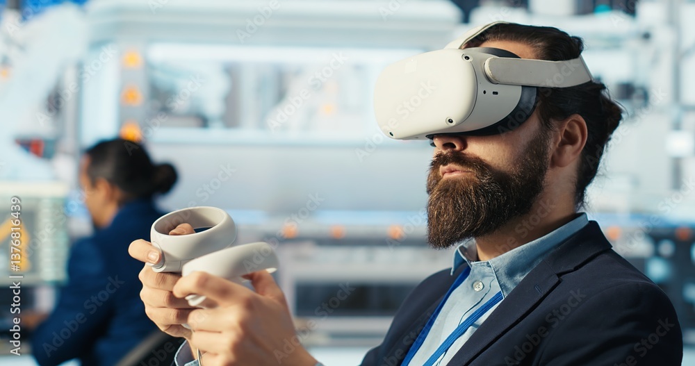 Photovoltaics factory expert using VR tech to build models of renewable energy generators. Solar panels plant technician building environmentally safe solar cells using virtual reality gear, camera B