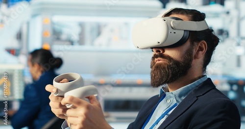 Obraz na płótnie Photovoltaics factory expert using VR tech to build models of renewable energy generators. Solar panels plant technician building environmentally safe solar cells using virtual reality gear, camera B w salonie