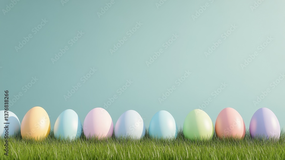 Fototapeta premium Pastel Easter Eggs in Grass with Minimal Blue Backdrop