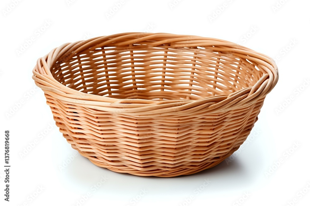 Empty round woven wicker basket made from natural rattan isolated on white background, suitable for bread, fruit or decorative storage purposes. Empty round woven wicker basket made from natural rattan isolated on white background, suitable for bread, fruit or decorative storage purposes.