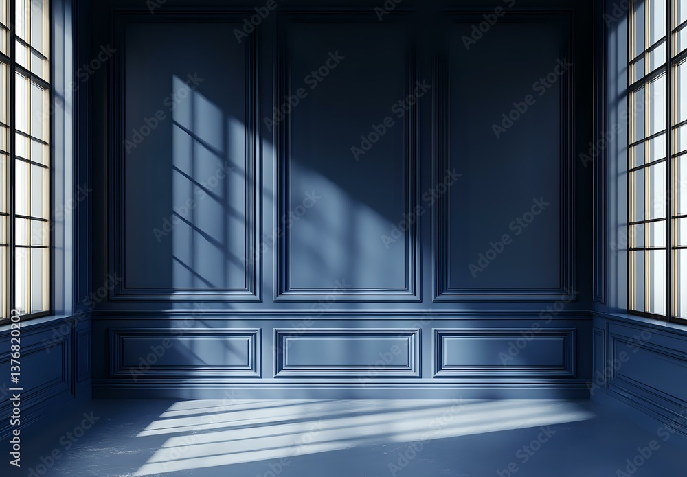 Empty classic room interior with blue walls, decorative molding panels, and dramatic window light casting geometric shadows across floor and wall surface.