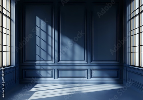 Obraz na płótnie Empty classic room interior with blue walls, decorative molding panels, and dramatic window light casting geometric shadows across floor and wall surface. w salonie