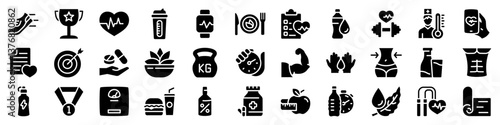 Fitness and health icons set. Silhouette style.