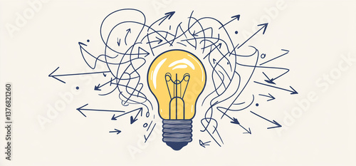 Bright light bulb surrounded by tangled arrows symbolizing creativity and inspiration in a conceptual design illustration