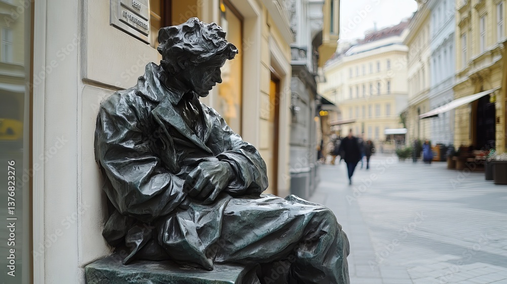 Naklejka premium Bronze statue of a seated man in a european city street art and urban sculpture for travel photography