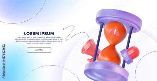 3D hourglass with emergency alert icon, SOS button, and megaphone. Concept of critical deadline, time-sensitive warning, and urgent communication.  