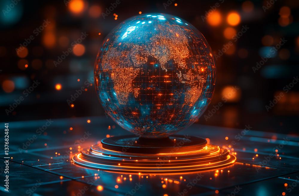 3D render of holographic globe on podium with glowing network paths 3D render of holographic globe on podium with glowing network paths