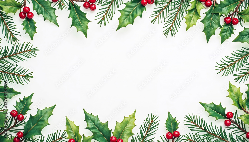 Christmas foliage frame with holly and pine branches Christmas foliage frame with holly and pine branches