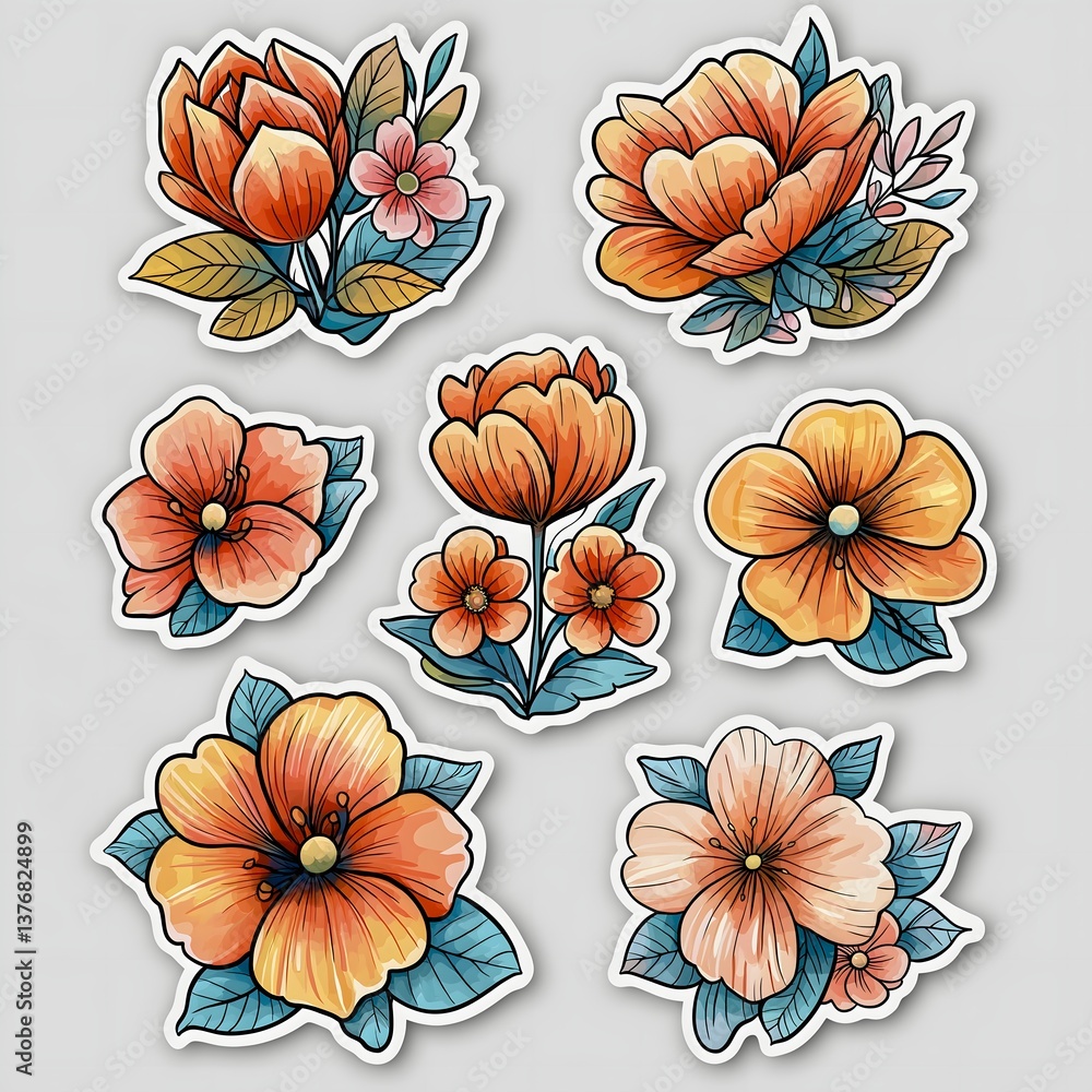 Fototapeta premium Colorful floral stickers featuring various orange and peach blooms on a light background