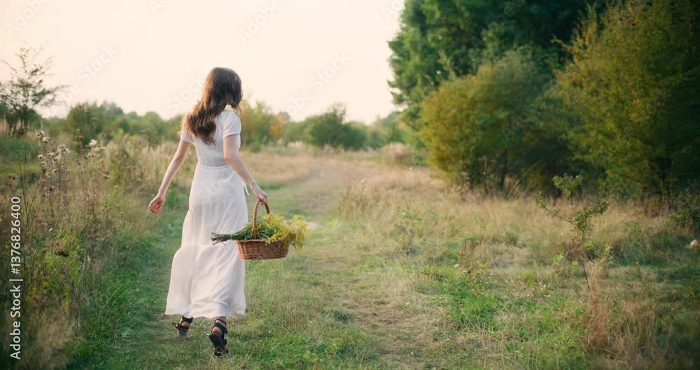 Smiling girl walks through tall summer grass Smiling girl walks through tall summer grass