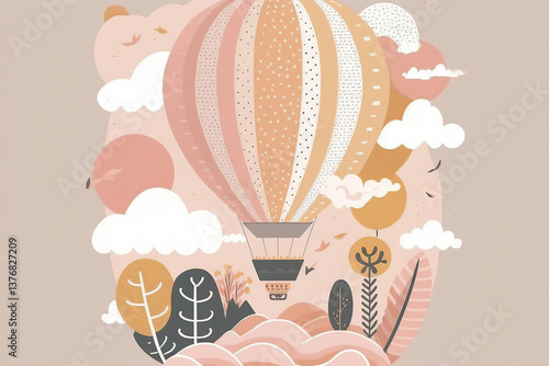Scandinavian Boho Nursery Air Balloon playroom print in gender neutral colors. Sun and clouds. Vector illustration. Faboluo object isolated on pink.