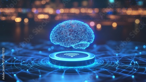 Conceptual depiction of a glowing brain icon surrounded by a network of digital connections showcasing advanced technology, artificial intelligence, and wireless communication concepts
