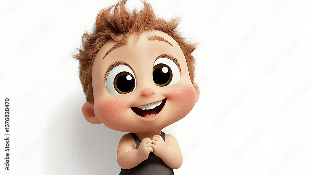 Fototapeta premium A cartoon baby with brown hair and a black shirt. AI Generated
