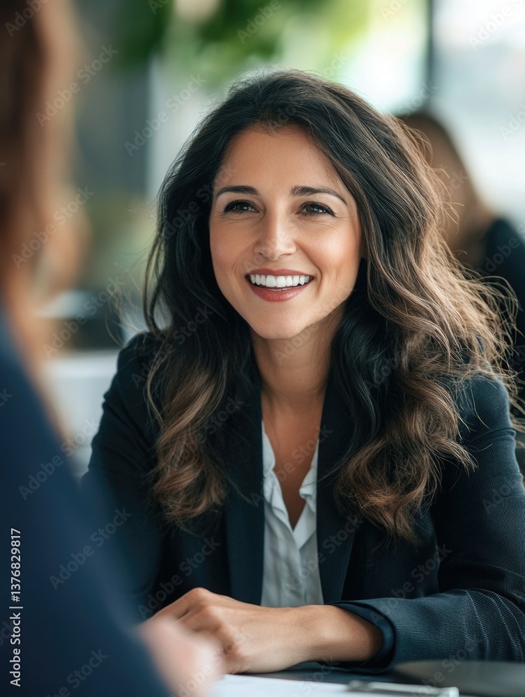 Fototapeta premium A professional woman in business attire smiling during a meeting or interview, suggesting a positive work environment.