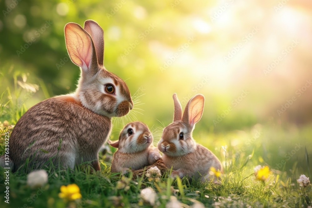 Family of rabbits resting in a sunlit meadow during springtime Family of rabbits resting in a sunlit meadow during springtime