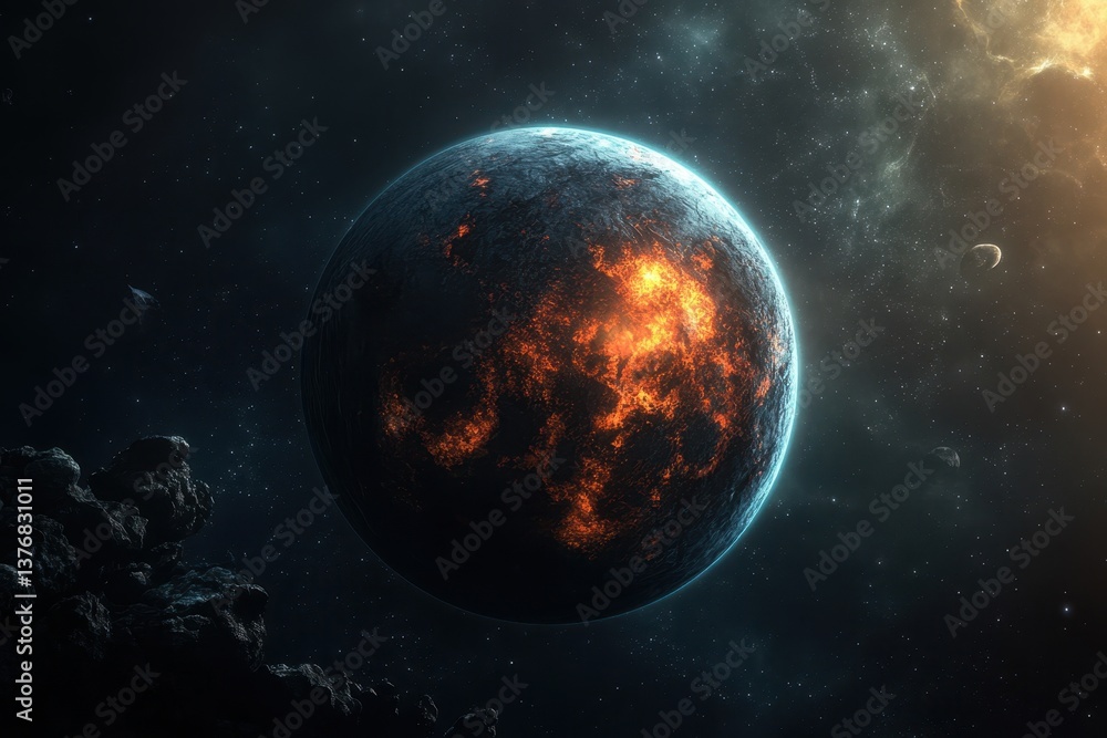 Fiery planetary surface illuminated by distant stars in a vast cosmos Fiery planetary surface illuminated by distant stars in a vast cosmos