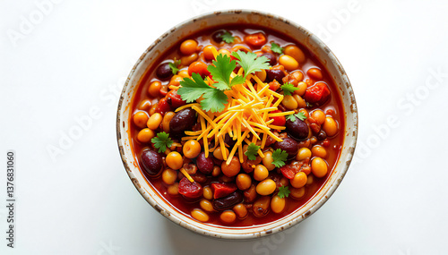A culinary masterpiece presents a vibrant bowl of chili, adorned with fresh ingredients, creating an invitation to a warm, hearty meal.