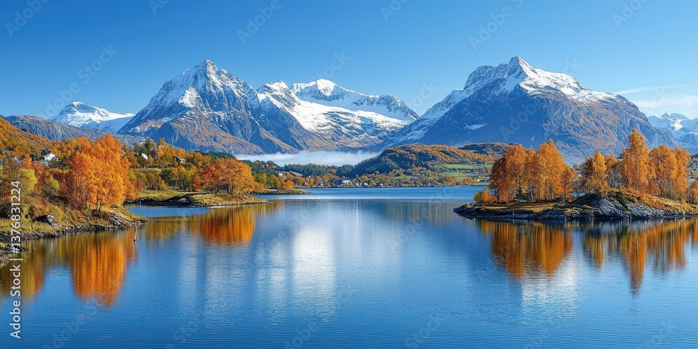 Naklejka premium Serene autumn landscape snow-capped mountains reflected in a calm lake, surrounded by vibrant fall foliage