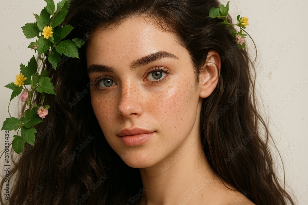 Naklejka premium A naturally beautiful young woman with freckles and wavy dark hair adorned with small green leaves and yellow flowers gazes softly at the camera in a serene, botanical-inspired portrait.